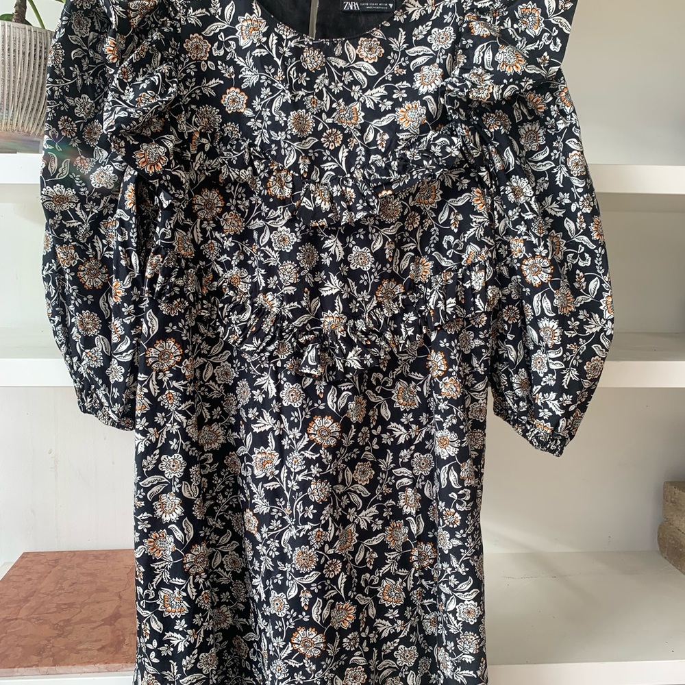 Zara Black Floral Puff Sleeve Mini Dress Size XS 100% Cotton